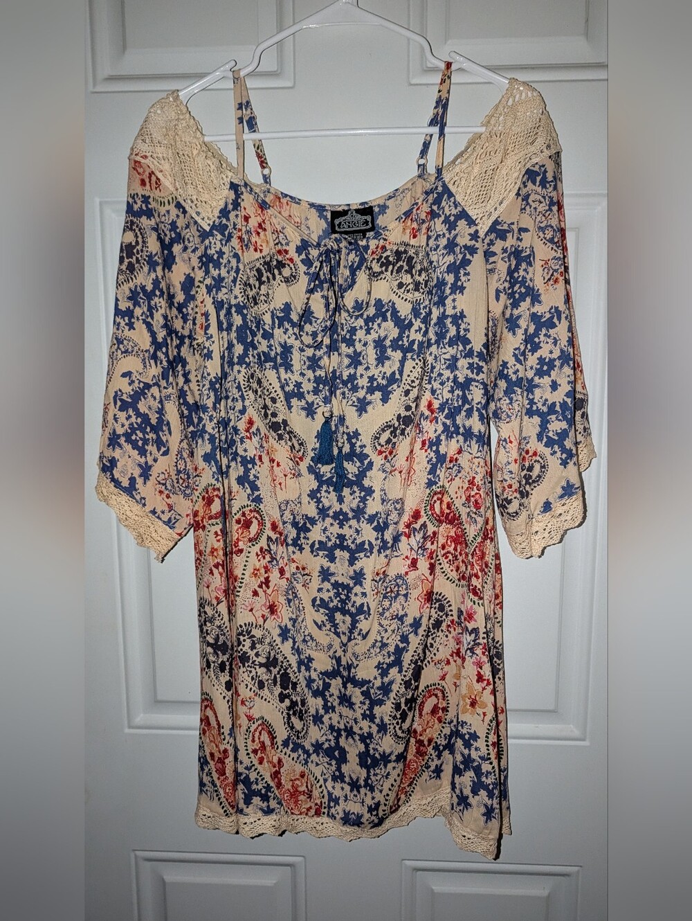 Angie Paisley Boho Off The Shoulder Mini Dress Cream Multi NWOT